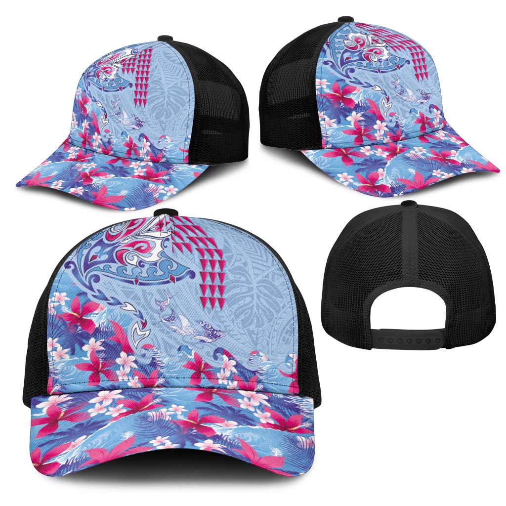 Hawaiian Tribal Manta Ray Mesh Trucker Cap Kakau Tattoo and Flowers Surfing Waves Pattern Soft Color LT03 - Polynesian Pride