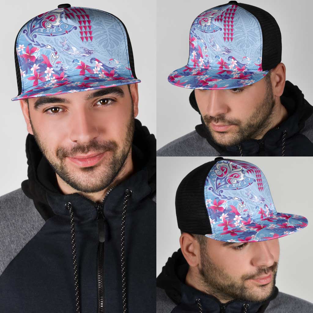 Hawaiian Tribal Manta Ray Mesh Trucker Cap Kakau Tattoo and Flowers Surfing Waves Pattern Soft Color LT03 - Polynesian Pride