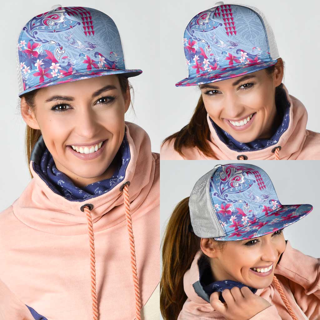 Hawaiian Tribal Manta Ray Mesh Trucker Cap Kakau Tattoo and Flowers Surfing Waves Pattern Soft Color LT03 - Polynesian Pride