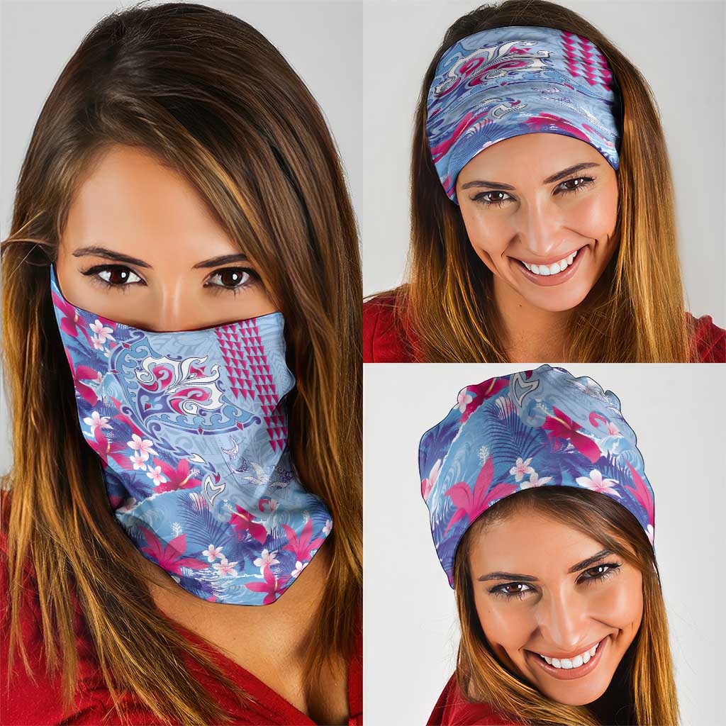 Hawaiian Tribal Manta Ray Neck Gaiter Kakau Tattoo and Flowers Surfing Waves Pattern Soft Color LT03 - Polynesian Pride