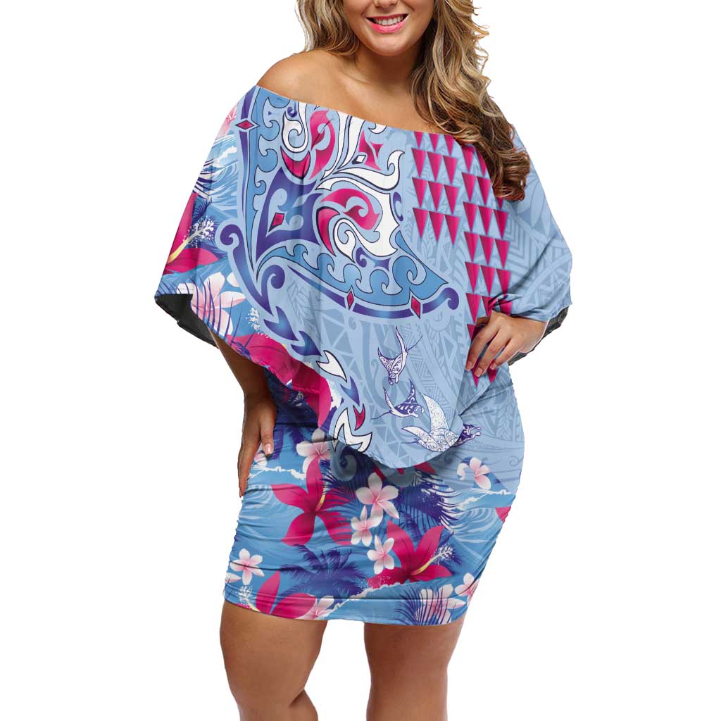 Hawaiian Tribal Manta Ray Off Shoulder Short Dress Kakau Tattoo and Flowers Surfing Waves Pattern Soft Color
