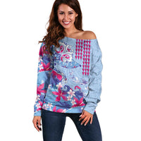 Hawaiian Tribal Manta Ray Off Shoulder Sweater Kakau Tattoo and Flowers Surfing Waves Pattern Soft Color LT03 Women Multicolor - Polynesian Pride