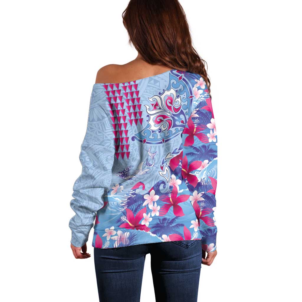 Hawaiian Tribal Manta Ray Off Shoulder Sweater Kakau Tattoo and Flowers Surfing Waves Pattern Soft Color LT03 - Polynesian Pride
