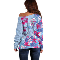 Hawaiian Tribal Manta Ray Off Shoulder Sweater Kakau Tattoo and Flowers Surfing Waves Pattern Soft Color LT03 - Polynesian Pride
