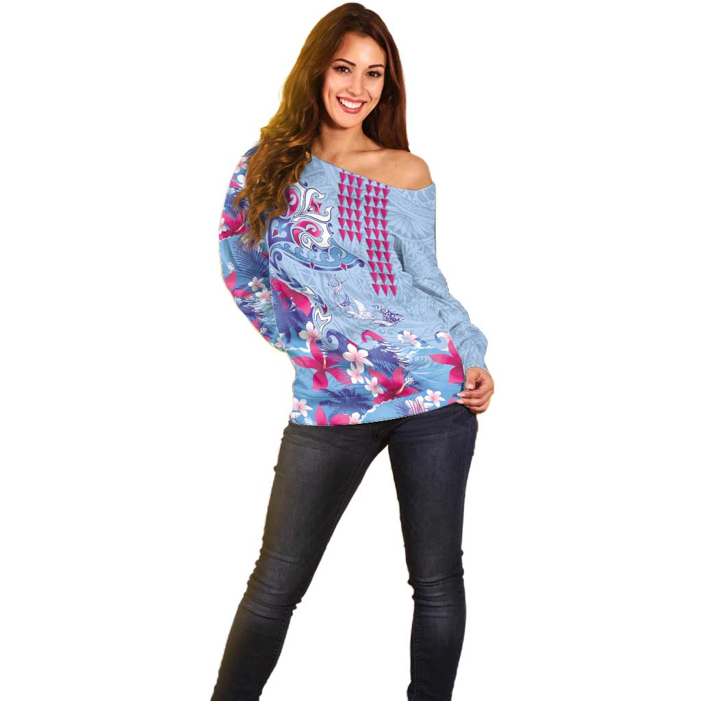 Hawaiian Tribal Manta Ray Off Shoulder Sweater Kakau Tattoo and Flowers Surfing Waves Pattern Soft Color LT03 - Polynesian Pride