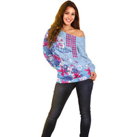 Hawaiian Tribal Manta Ray Off Shoulder Sweater Kakau Tattoo and Flowers Surfing Waves Pattern Soft Color LT03 - Polynesian Pride