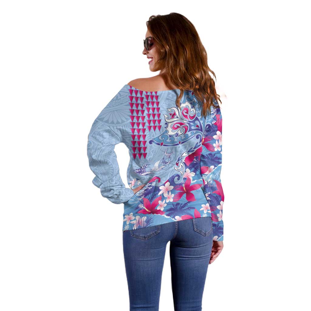 Hawaiian Tribal Manta Ray Off Shoulder Sweater Kakau Tattoo and Flowers Surfing Waves Pattern Soft Color LT03 - Polynesian Pride
