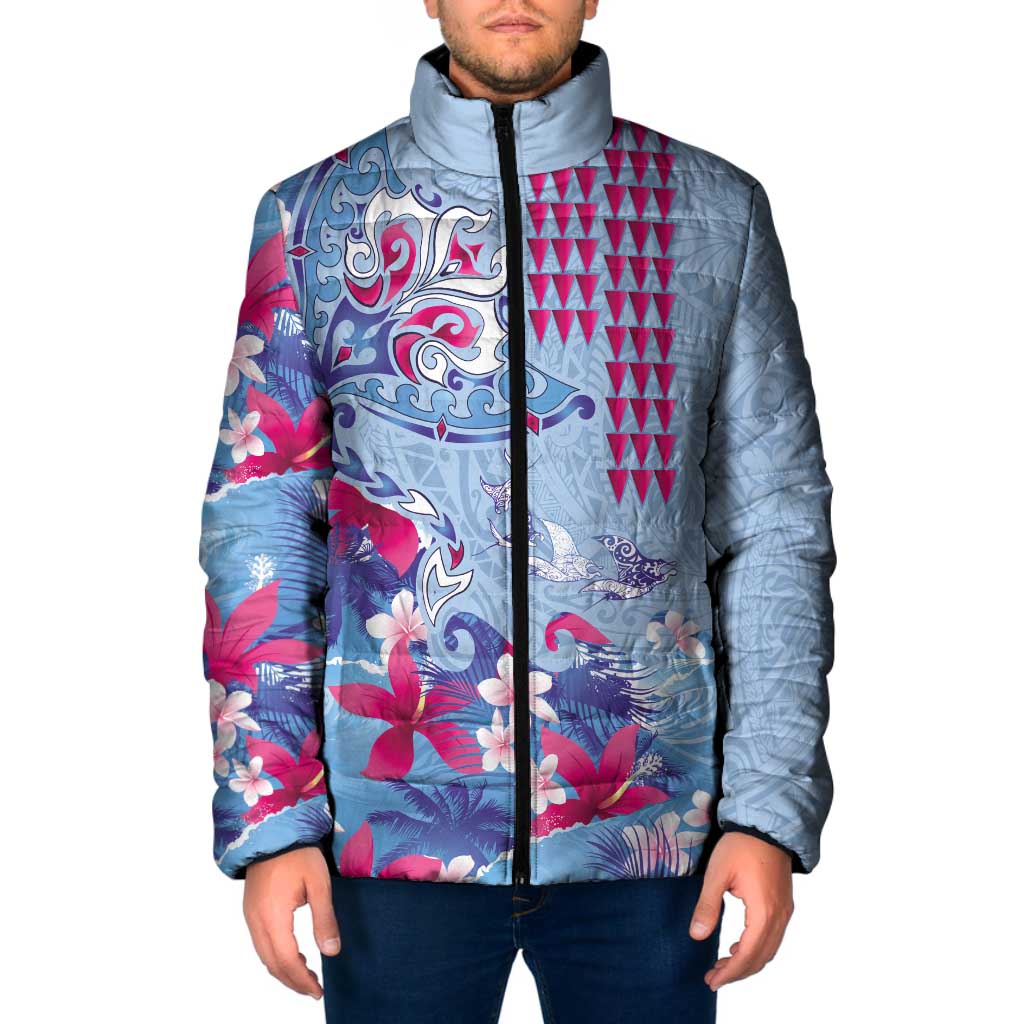 Hawaiian Tribal Manta Ray Padded Jacket Kakau Tattoo and Flowers Surfing Waves Pattern Soft Color LT03 Men Multicolor - Polynesian Pride