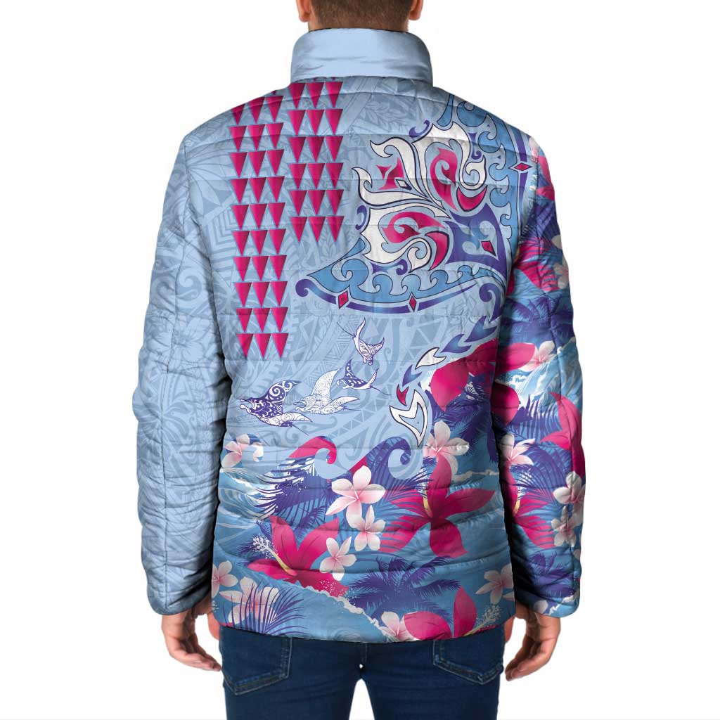 Hawaiian Tribal Manta Ray Padded Jacket Kakau Tattoo and Flowers Surfing Waves Pattern Soft Color LT03 - Polynesian Pride