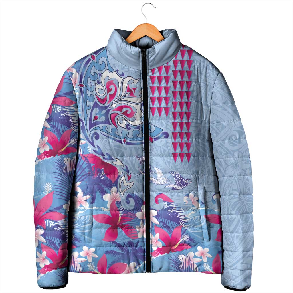 Hawaiian Tribal Manta Ray Padded Jacket Kakau Tattoo and Flowers Surfing Waves Pattern Soft Color LT03 - Polynesian Pride