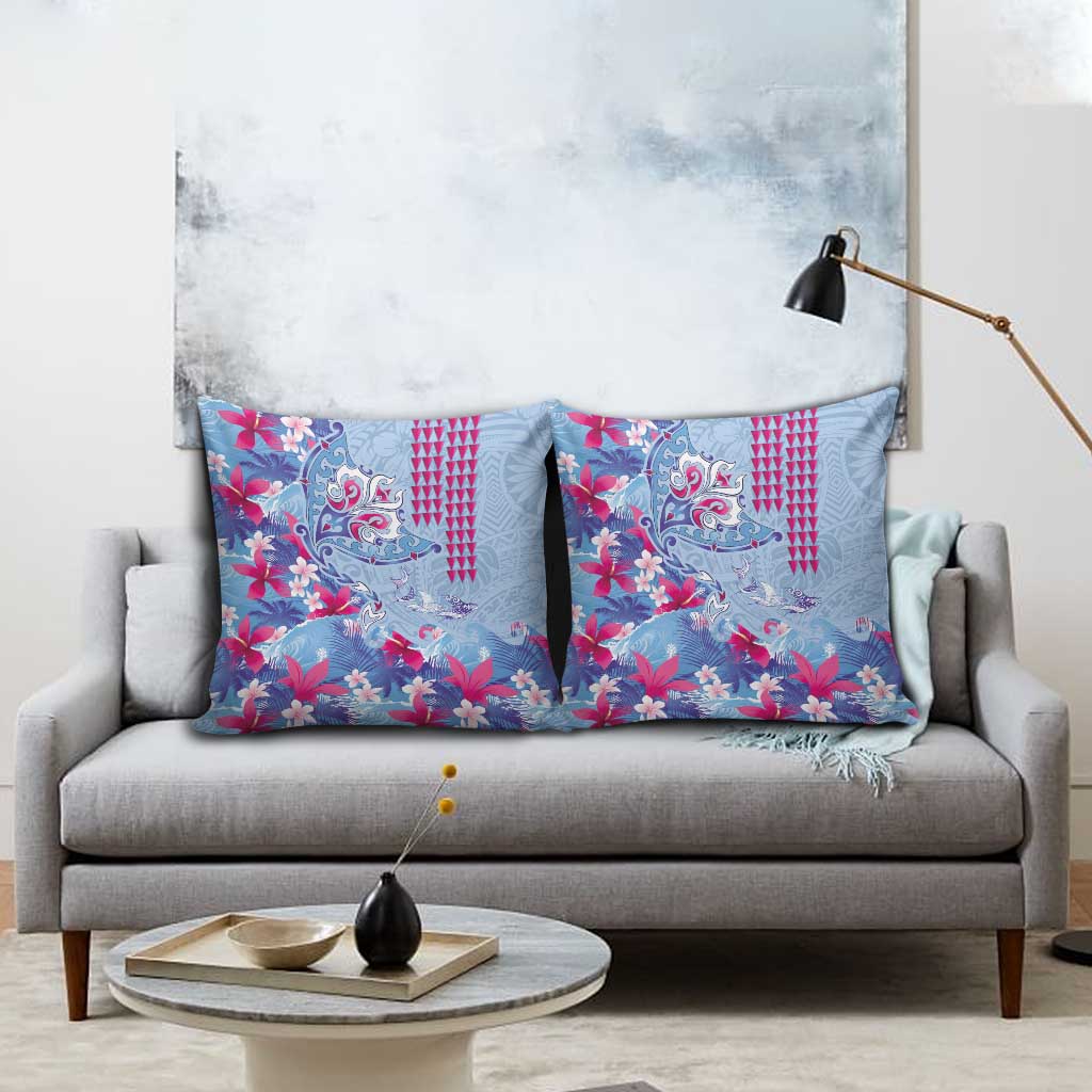 Hawaiian Tribal Manta Ray Pillow Cover Kakau Tattoo and Flowers Surfing Waves Pattern Soft Color LT03 - Polynesian Pride