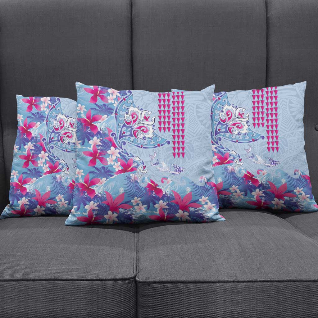 Hawaiian Tribal Manta Ray Pillow Cover Kakau Tattoo and Flowers Surfing Waves Pattern Soft Color LT03 - Polynesian Pride