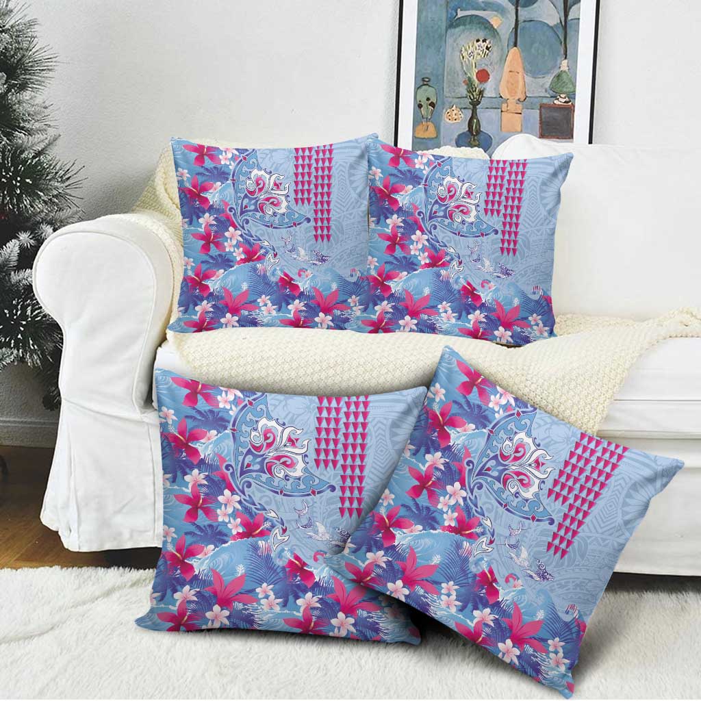 Hawaiian Tribal Manta Ray Pillow Cover Kakau Tattoo and Flowers Surfing Waves Pattern Soft Color LT03 - Polynesian Pride