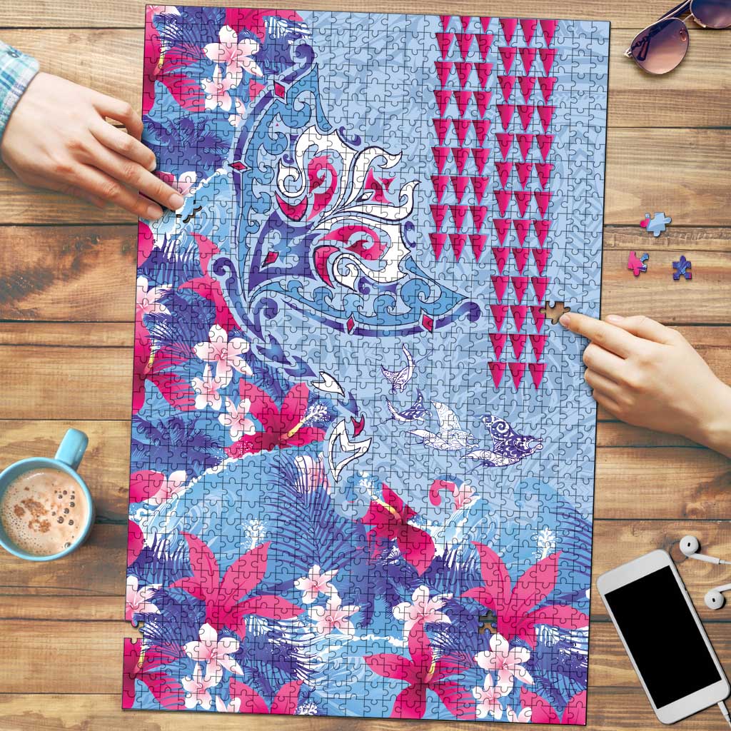 Hawaiian Tribal Manta Ray Puzzle Kakau Tattoo and Flowers Surfing Waves Pattern Soft Color LT03 Multicolor - Polynesian Pride