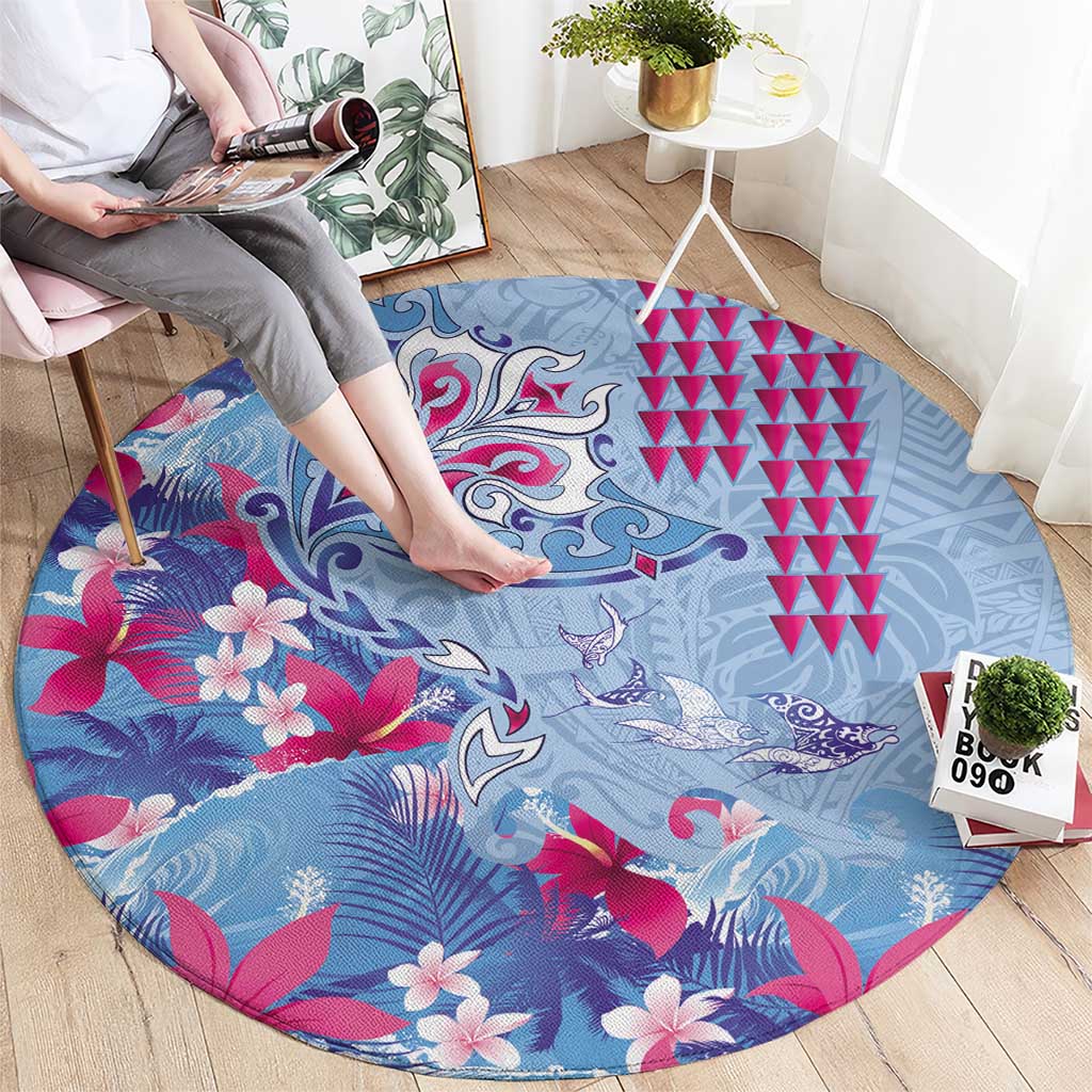 Hawaiian Tribal Manta Ray Round Carpet Kakau Tattoo and Flowers Surfing Waves Pattern Soft Color LT03 - Polynesian Pride