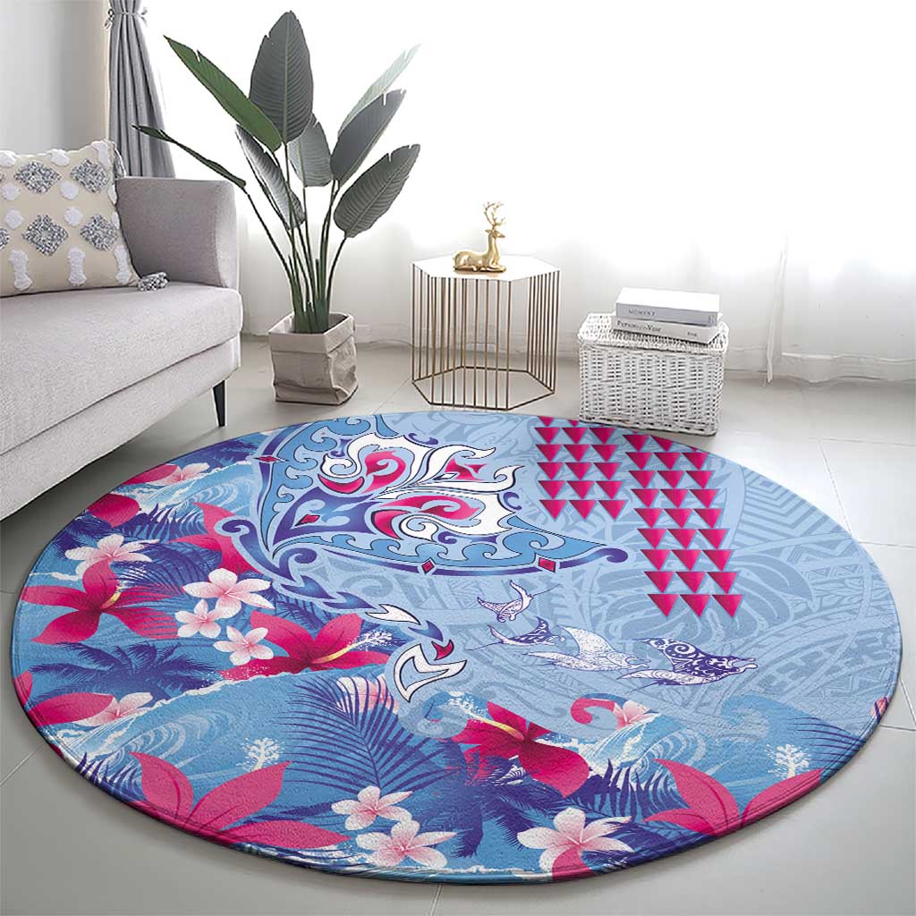 Hawaiian Tribal Manta Ray Round Carpet Kakau Tattoo and Flowers Surfing Waves Pattern Soft Color LT03 - Polynesian Pride