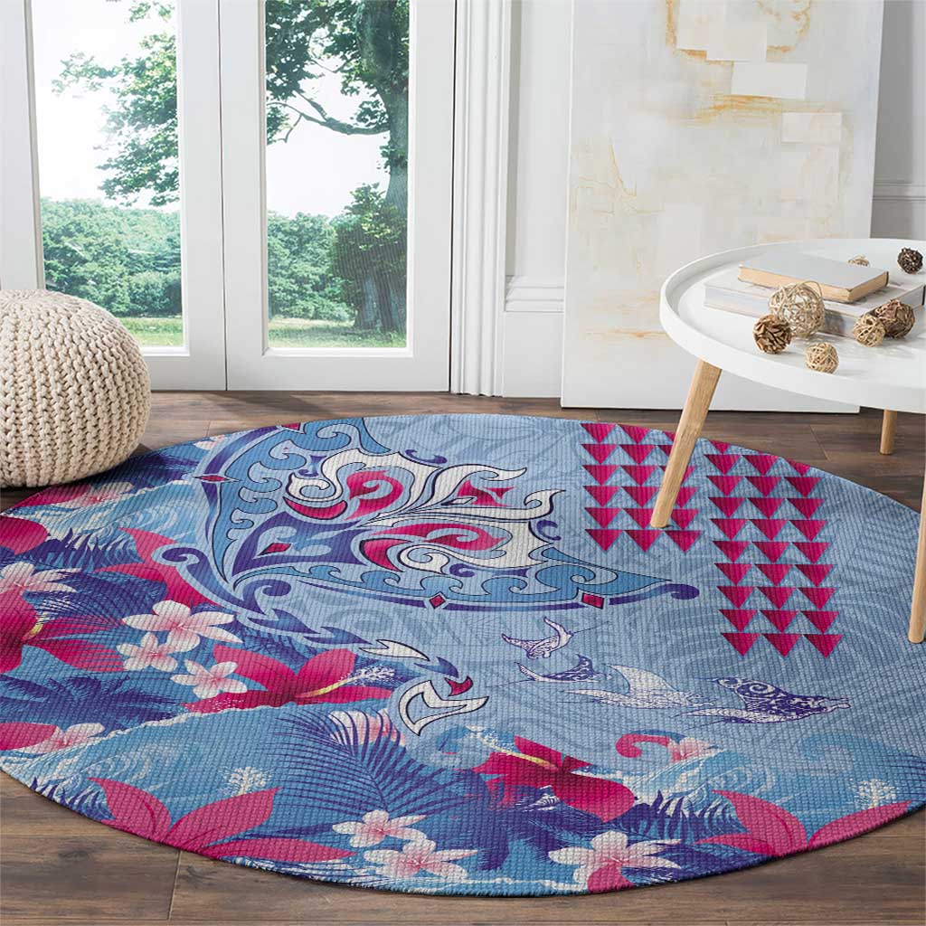 Hawaiian Tribal Manta Ray Round Carpet Kakau Tattoo and Flowers Surfing Waves Pattern Soft Color LT03 - Polynesian Pride