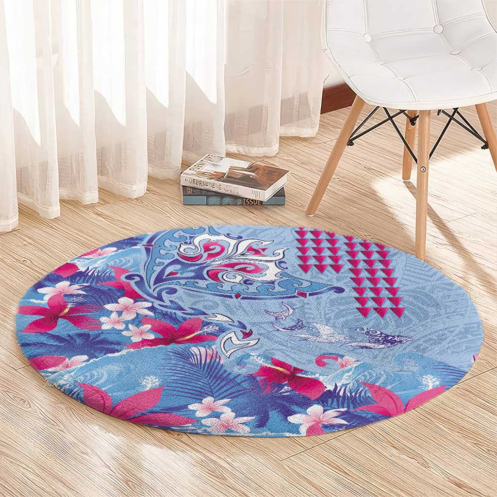 Hawaiian Tribal Manta Ray Round Carpet Kakau Tattoo and Flowers Surfing Waves Pattern Soft Color LT03 - Polynesian Pride