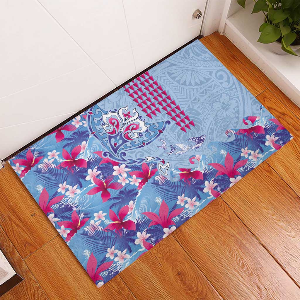Hawaiian Tribal Manta Ray Rubber Doormat Kakau Tattoo and Flowers Surfing Waves Pattern Soft Color LT03 - Polynesian Pride