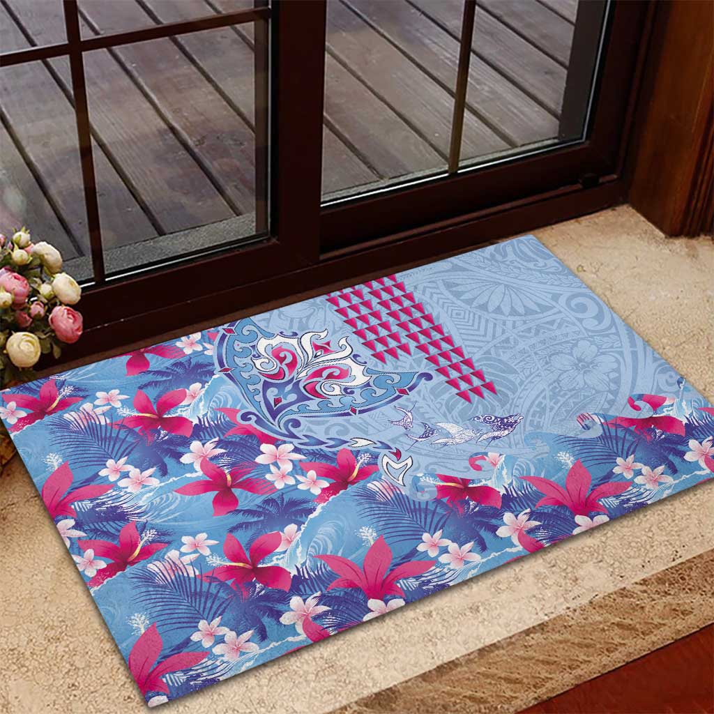 Hawaiian Tribal Manta Ray Rubber Doormat Kakau Tattoo and Flowers Surfing Waves Pattern Soft Color LT03 - Polynesian Pride
