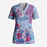 Hawaiian Tribal Manta Ray Scrub Top Kakau Tattoo and Flowers Surfing Waves Pattern Soft Color LT03 Adult Multicolor - Polynesian Pride
