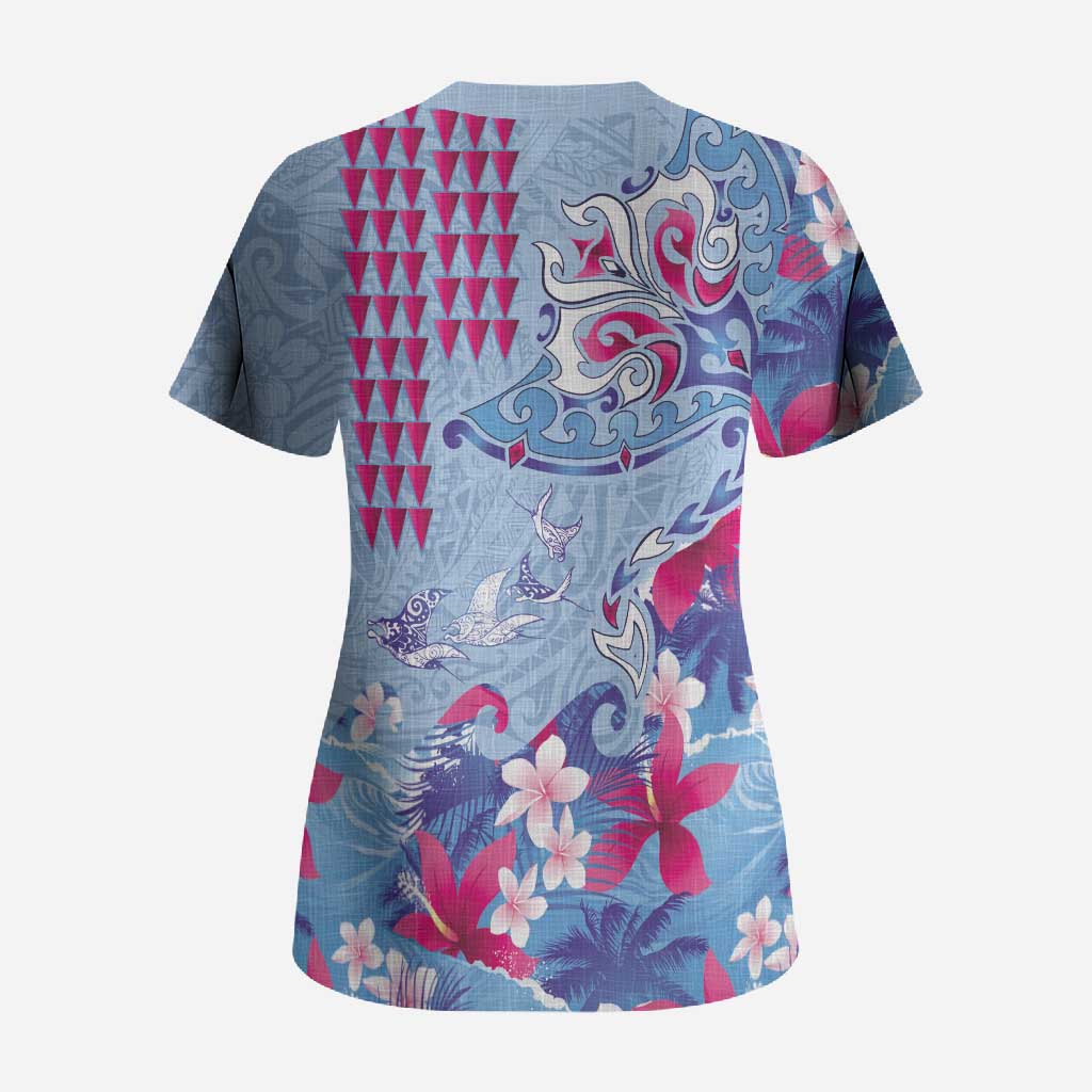 Hawaiian Tribal Manta Ray Scrub Top Kakau Tattoo and Flowers Surfing Waves Pattern Soft Color LT03 - Polynesian Pride