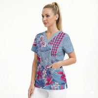 Hawaiian Tribal Manta Ray Scrub Top Kakau Tattoo and Flowers Surfing Waves Pattern Soft Color LT03 - Polynesian Pride