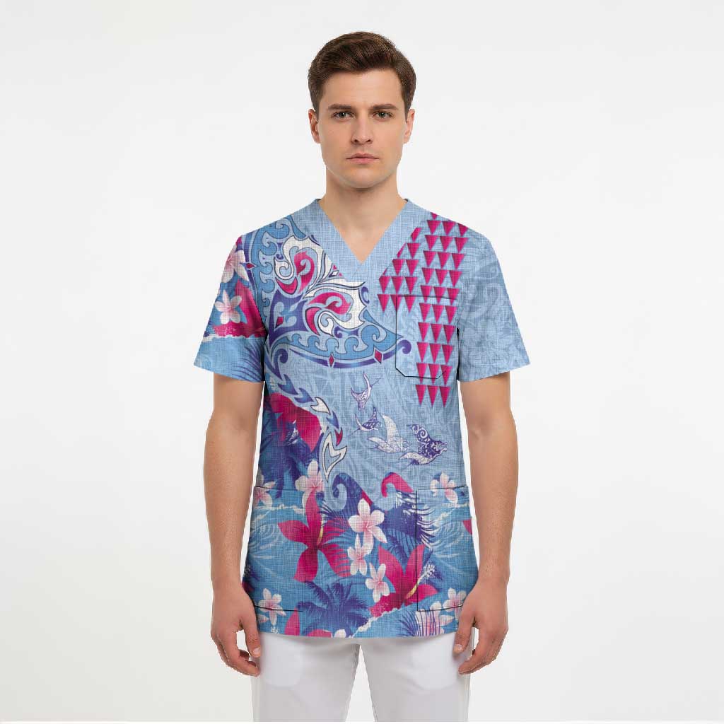 Hawaiian Tribal Manta Ray Scrub Top Kakau Tattoo and Flowers Surfing Waves Pattern Soft Color LT03 - Polynesian Pride