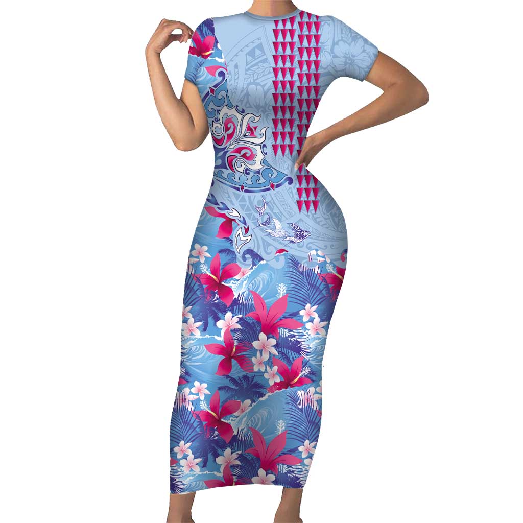Hawaiian Tribal Manta Ray Short Sleeve Bodycon Dress Kakau Tattoo and Flowers Surfing Waves Pattern Soft Color