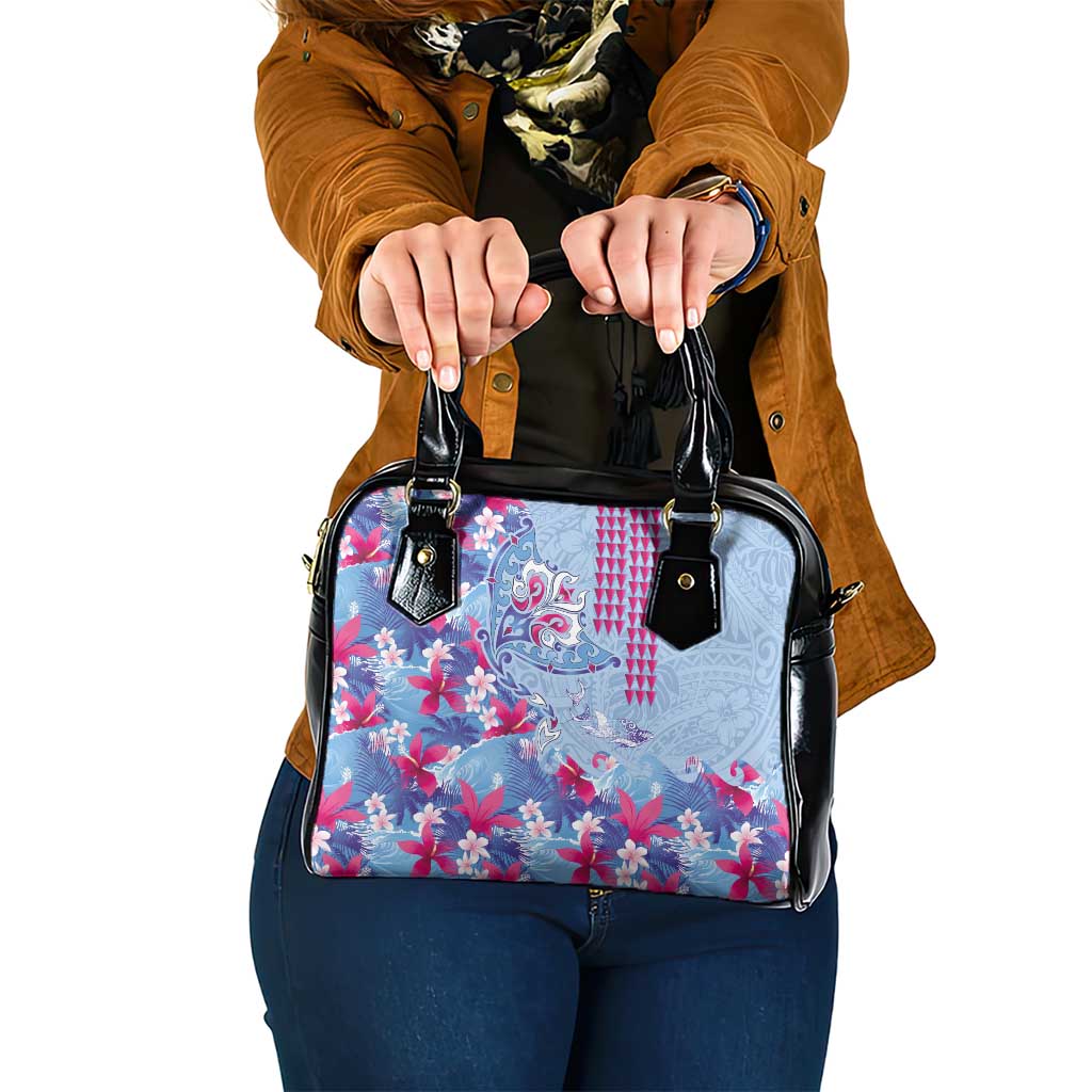 Hawaiian Tribal Manta Ray Shoulder Handbag Kakau Tattoo and Flowers Surfing Waves Pattern Soft Color LT03 One Size Multicolor - Polynesian Pride