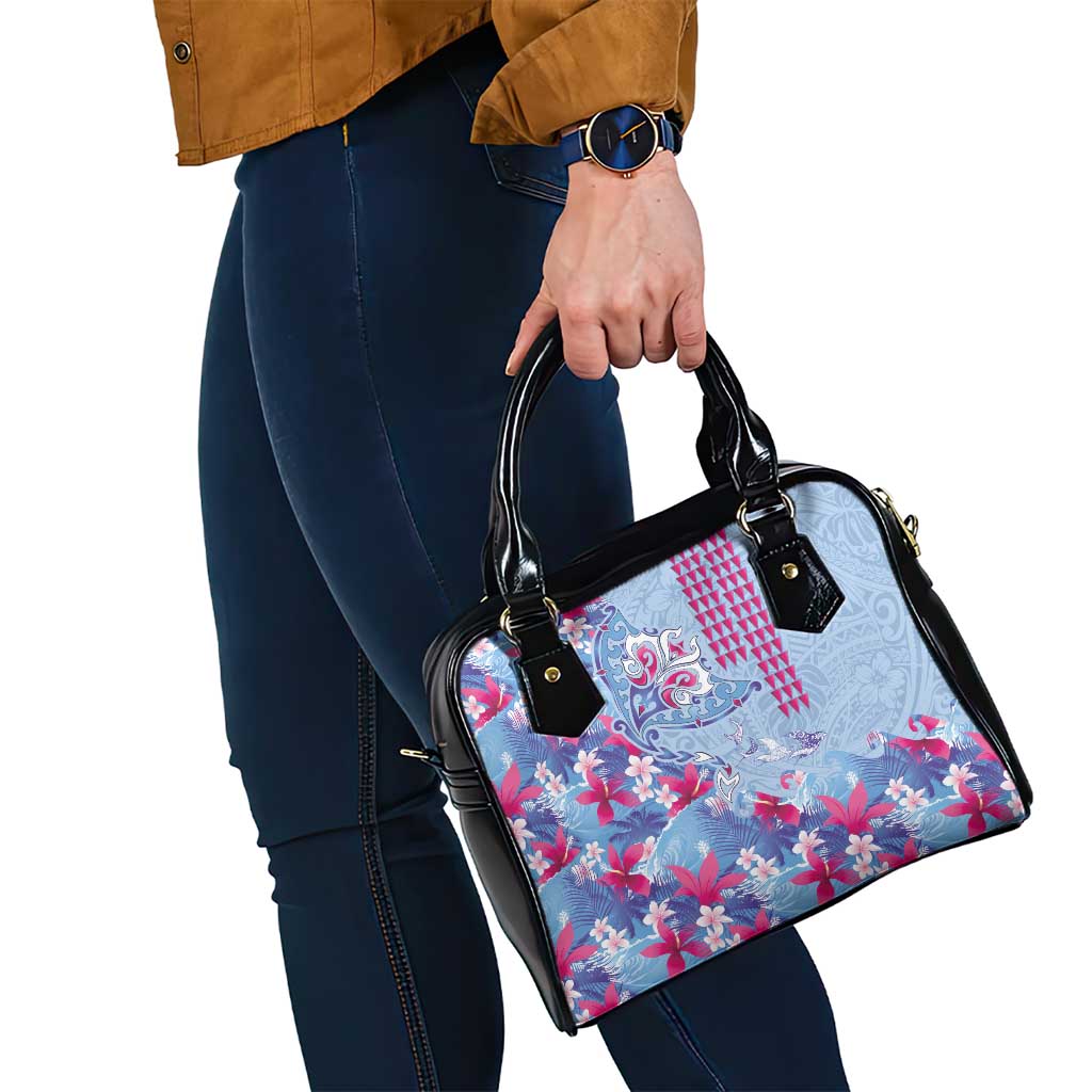 Hawaiian Tribal Manta Ray Shoulder Handbag Kakau Tattoo and Flowers Surfing Waves Pattern Soft Color LT03 - Polynesian Pride