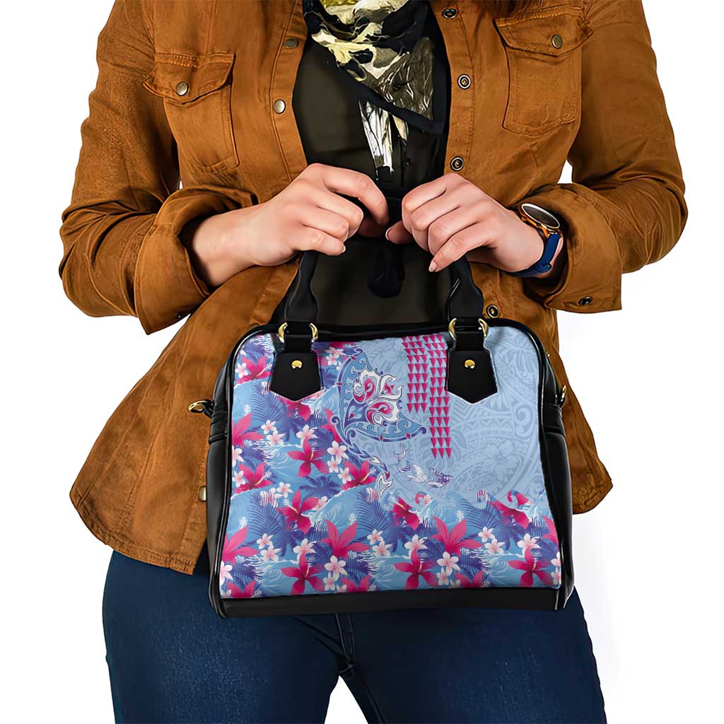 Hawaiian Tribal Manta Ray Shoulder Handbag Kakau Tattoo and Flowers Surfing Waves Pattern Soft Color LT03 - Polynesian Pride