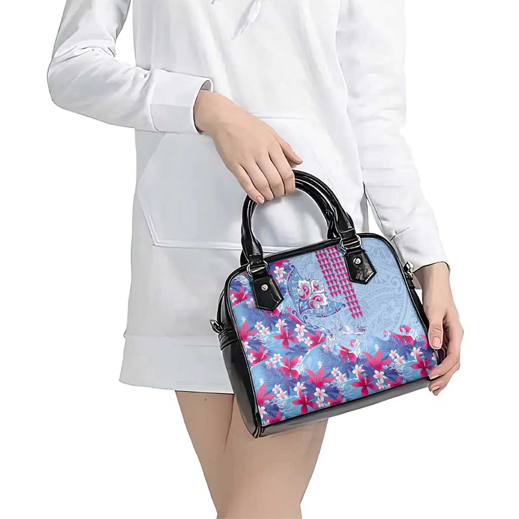 Hawaiian Tribal Manta Ray Shoulder Handbag Kakau Tattoo and Flowers Surfing Waves Pattern Soft Color LT03 - Polynesian Pride
