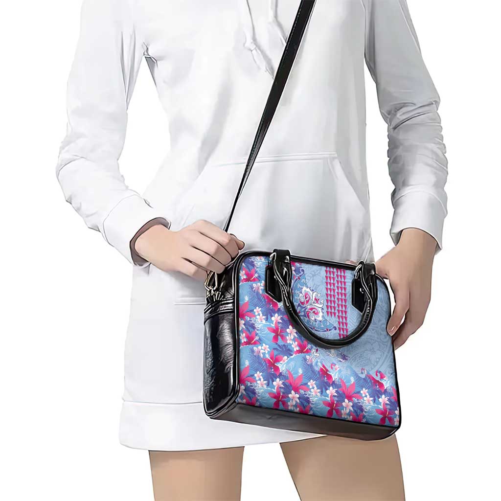 Hawaiian Tribal Manta Ray Shoulder Handbag Kakau Tattoo and Flowers Surfing Waves Pattern Soft Color LT03 - Polynesian Pride