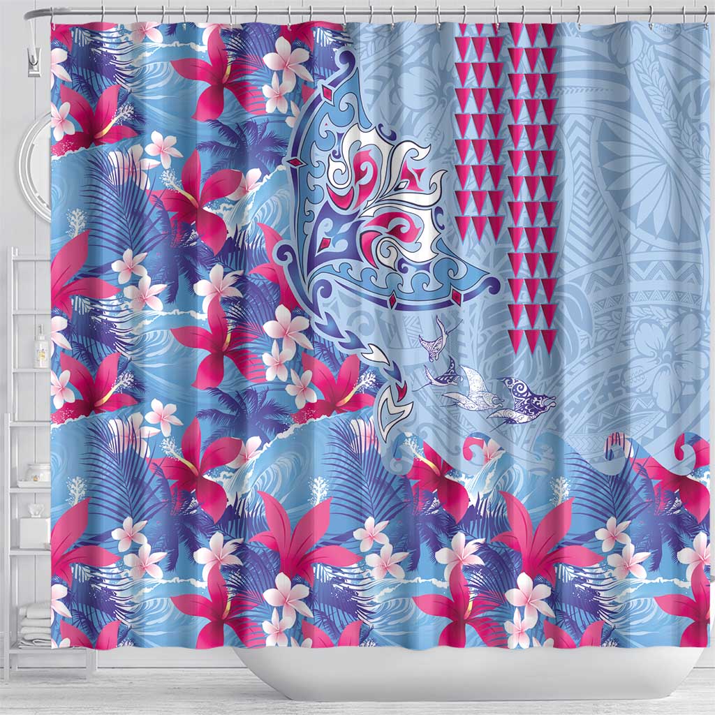 Hawaiian Tribal Manta Ray Shower Curtain Kakau Tattoo and Flowers Surfing Waves Pattern Soft Color LT03 - Polynesian Pride