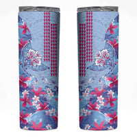 Hawaiian Tribal Manta Ray Skinny Tumbler Kakau Tattoo and Flowers Surfing Waves Pattern Soft Color