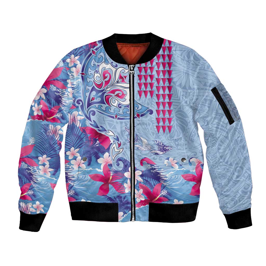 Hawaiian Tribal Manta Ray Sleeve Zip Bomber Jacket Kakau Tattoo and Flowers Surfing Waves Pattern Soft Color LT03 Unisex Multicolor - Polynesian Pride