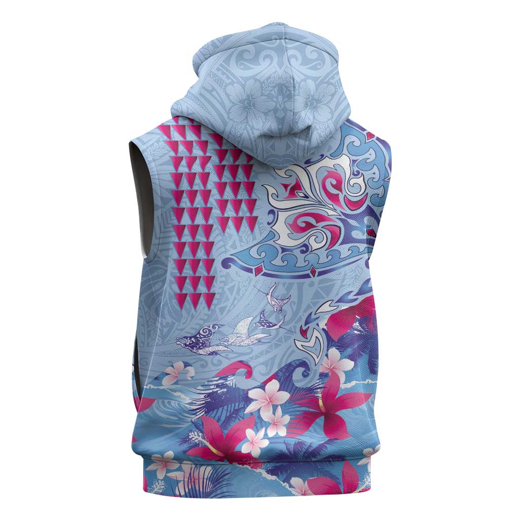 Hawaiian Tribal Manta Ray Sleeveless Hoodie Kakau Tattoo and Flowers Surfing Waves Pattern Soft Color