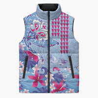 Hawaiian Tribal Manta Ray Sleeveless Puffer Jacket Kakau Tattoo and Flowers Surfing Waves Pattern Soft Color LT03 Unisex Multicolor - Polynesian Pride