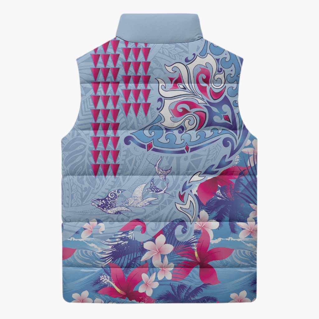 Hawaiian Tribal Manta Ray Sleeveless Puffer Jacket Kakau Tattoo and Flowers Surfing Waves Pattern Soft Color LT03 - Polynesian Pride