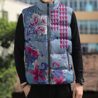Hawaiian Tribal Manta Ray Sleeveless Puffer Jacket Kakau Tattoo and Flowers Surfing Waves Pattern Soft Color LT03 - Polynesian Pride