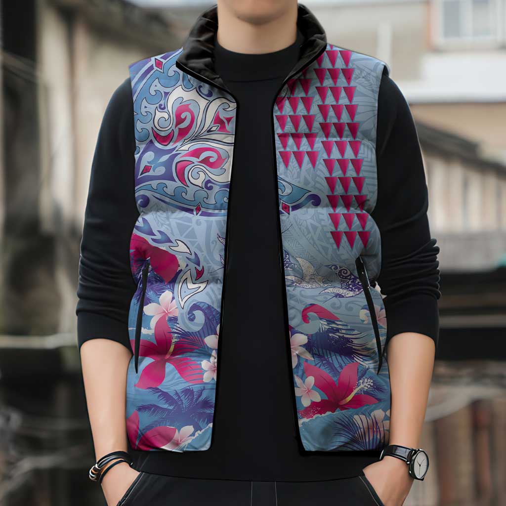 Hawaiian Tribal Manta Ray Sleeveless Puffer Jacket Kakau Tattoo and Flowers Surfing Waves Pattern Soft Color LT03 - Polynesian Pride