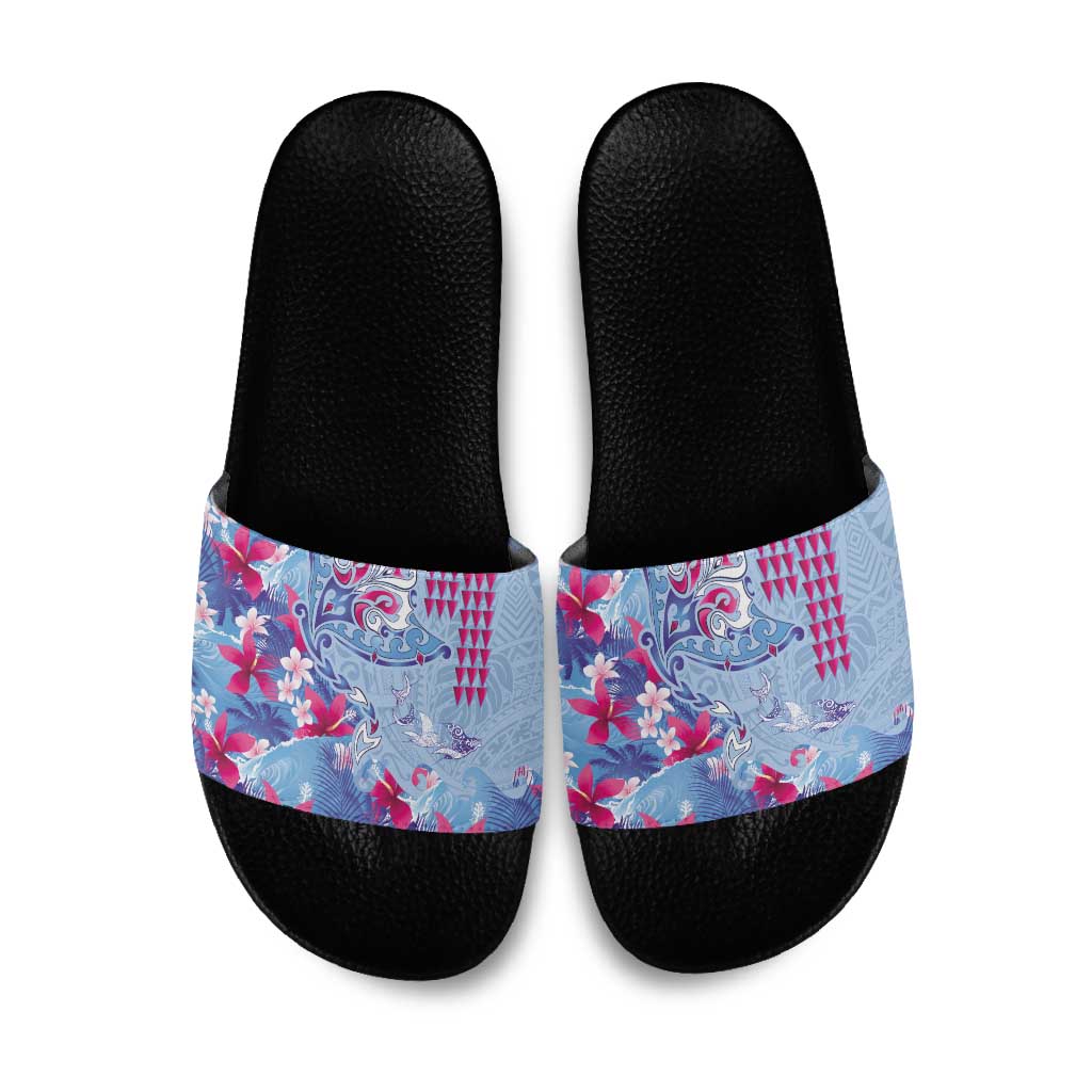 Hawaiian Tribal Manta Ray Slide Sandals Kakau Tattoo and Flowers Surfing Waves Pattern Soft Color LT03 Multicolor - Polynesian Pride