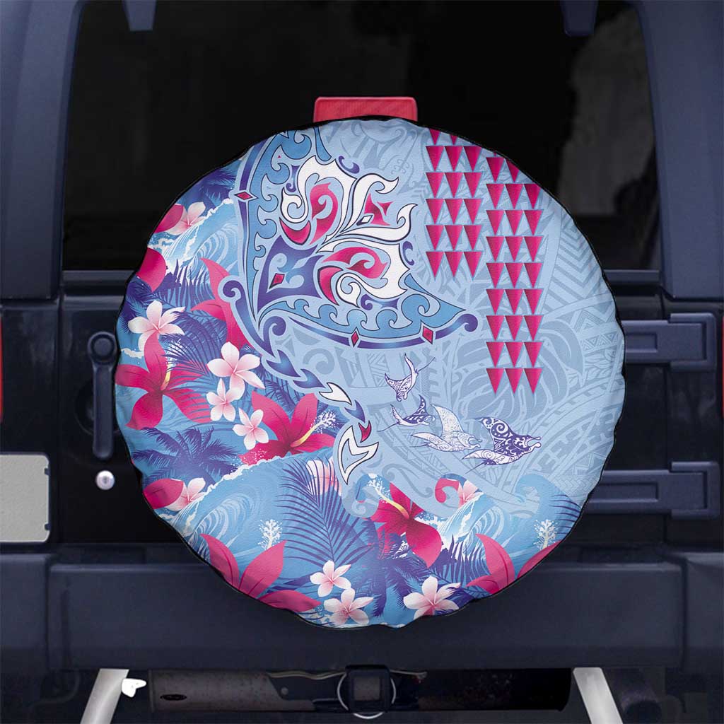Hawaiian Tribal Manta Ray Spare Tire Cover Kakau Tattoo and Flowers Surfing Waves Pattern Soft Color LT03 No hole Multicolor - Polynesian Pride
