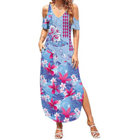 Hawaiian Tribal Manta Ray Summer Maxi Dress Kakau Tattoo and Flowers Surfing Waves Pattern Soft Color