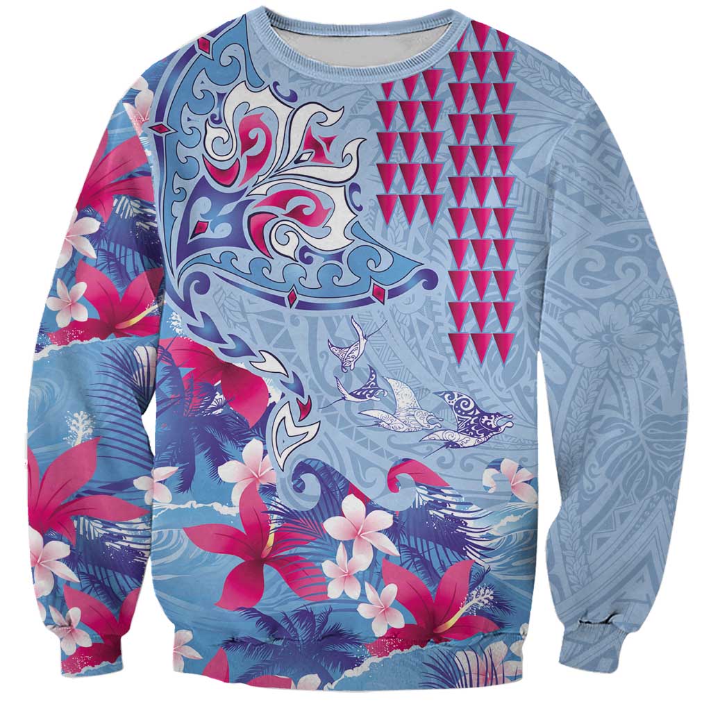 Hawaiian Tribal Manta Ray Sweatshirt Kakau Tattoo and Flowers Surfing Waves Pattern Soft Color LT03 Unisex Multicolor - Polynesian Pride