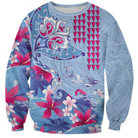 Hawaiian Tribal Manta Ray Sweatshirt Kakau Tattoo and Flowers Surfing Waves Pattern Soft Color LT03 Unisex Multicolor - Polynesian Pride