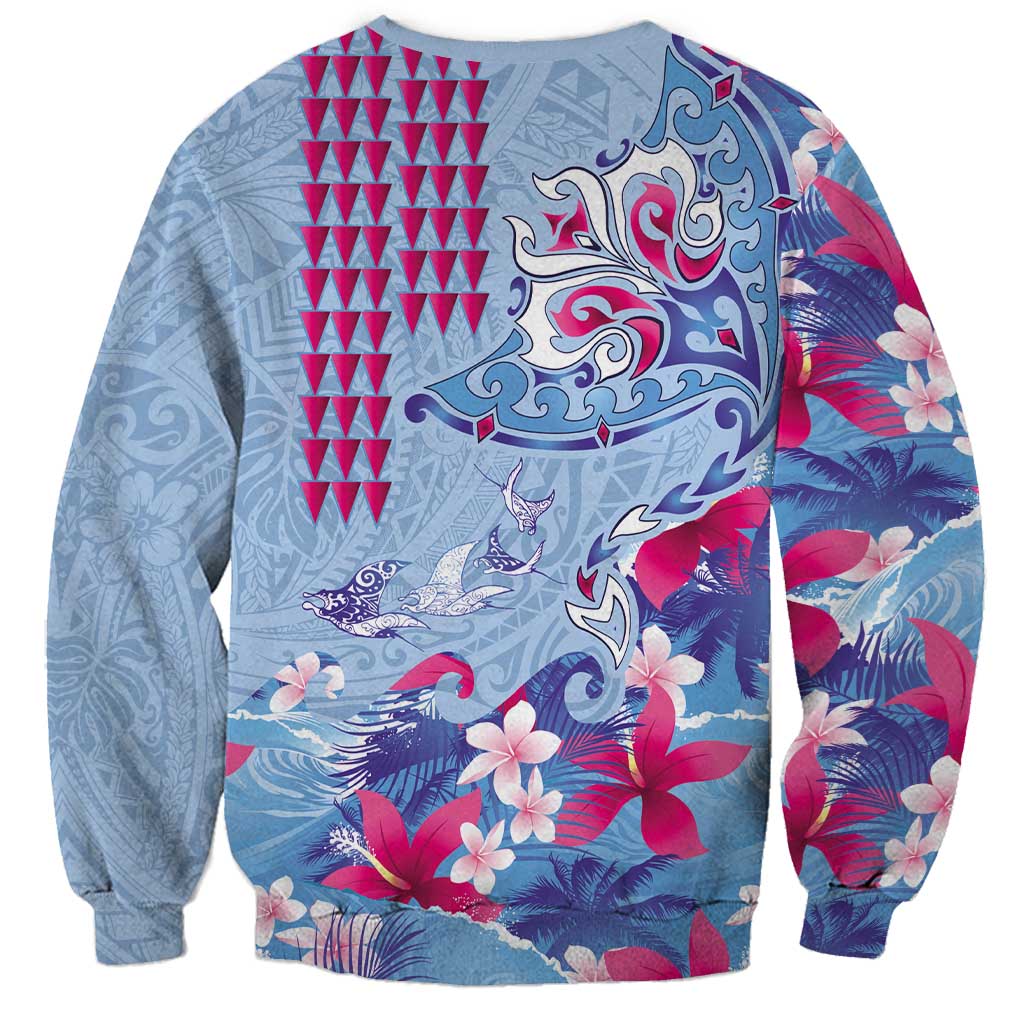 Hawaiian Tribal Manta Ray Sweatshirt Kakau Tattoo and Flowers Surfing Waves Pattern Soft Color LT03 - Polynesian Pride