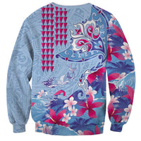 Hawaiian Tribal Manta Ray Sweatshirt Kakau Tattoo and Flowers Surfing Waves Pattern Soft Color LT03 - Polynesian Pride