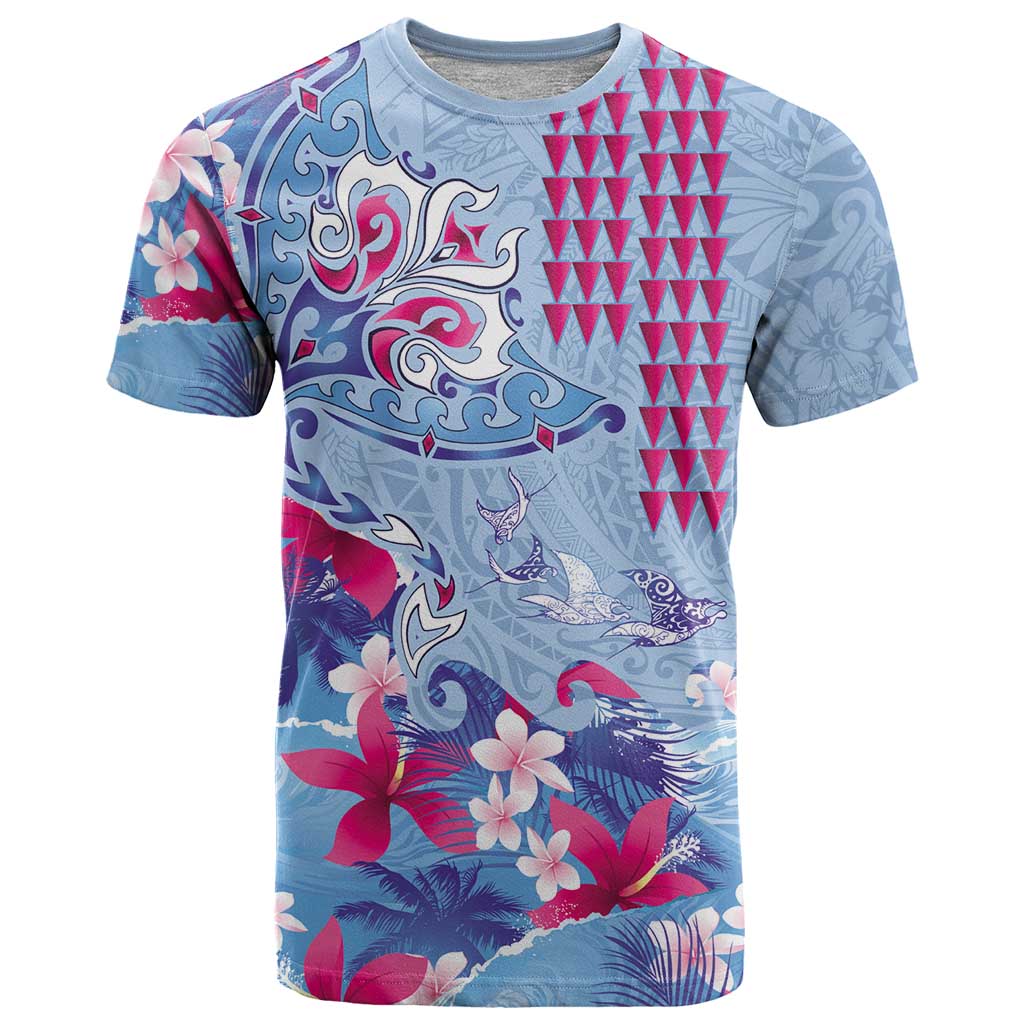Hawaiian Tribal Manta Ray T Shirt Kakau Tattoo and Flowers Surfing Waves Pattern Soft Color LT03 Multicolor - Polynesian Pride